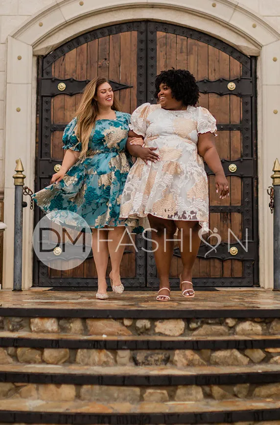 Ellis Jacquard Teal/Gold Velvet Dress - DM Exclusive - Maternity Friendly