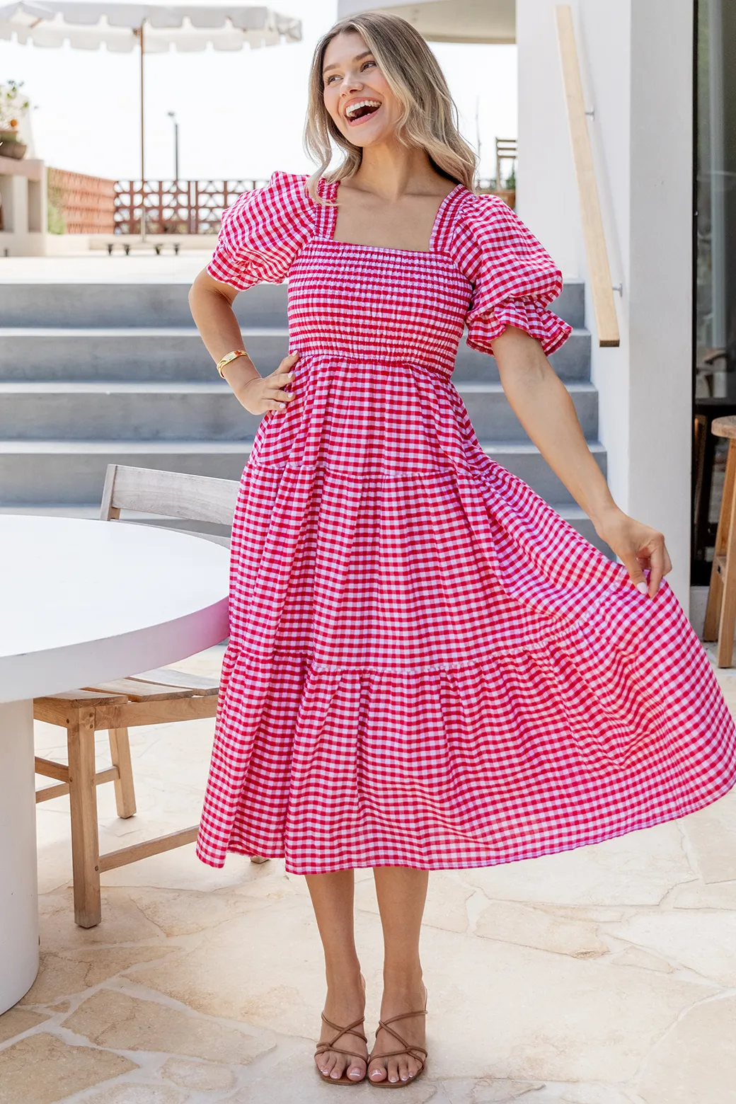 Farrah Puff Sleeve Midi Dress Red Gingham