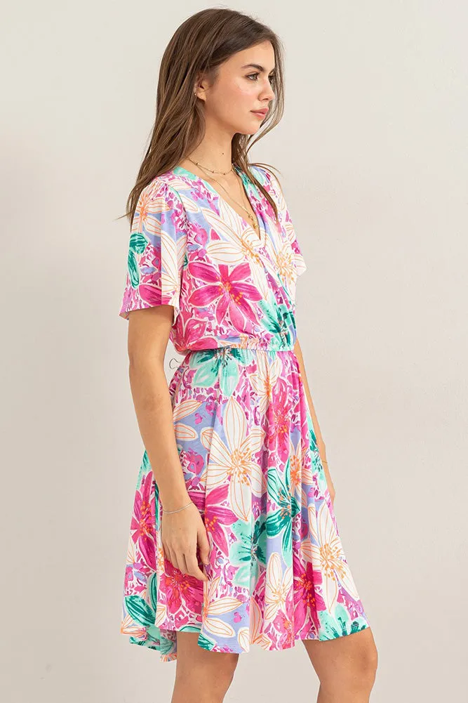 Floral Surplice Dress with Shorts in Orange Multi by Hyfve