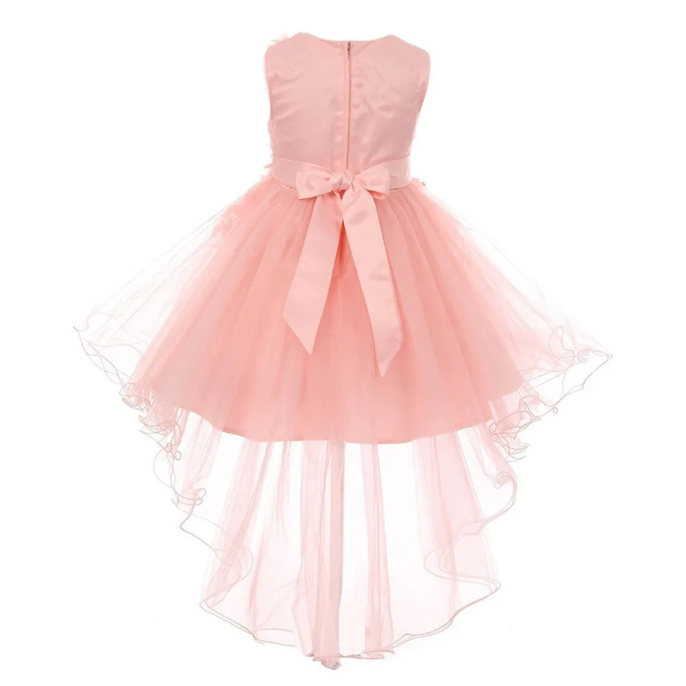 Girls 3D Floral Appliques Hi-Low Tulle Flower Girl Dress Size 4-10