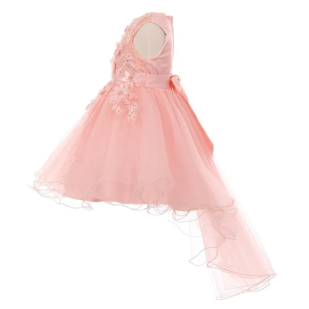Girls 3D Floral Appliques Hi-Low Tulle Flower Girl Dress Size 4-10