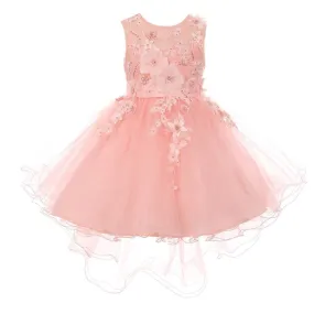 Girls 3D Floral Appliques Hi-Low Tulle Flower Girl Dress Size 4-10