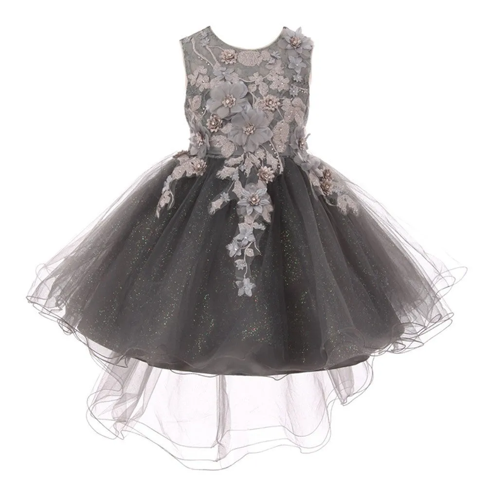 Girls 3D Floral Appliques Hi-Low Tulle Flower Girl Dress Size 4-10