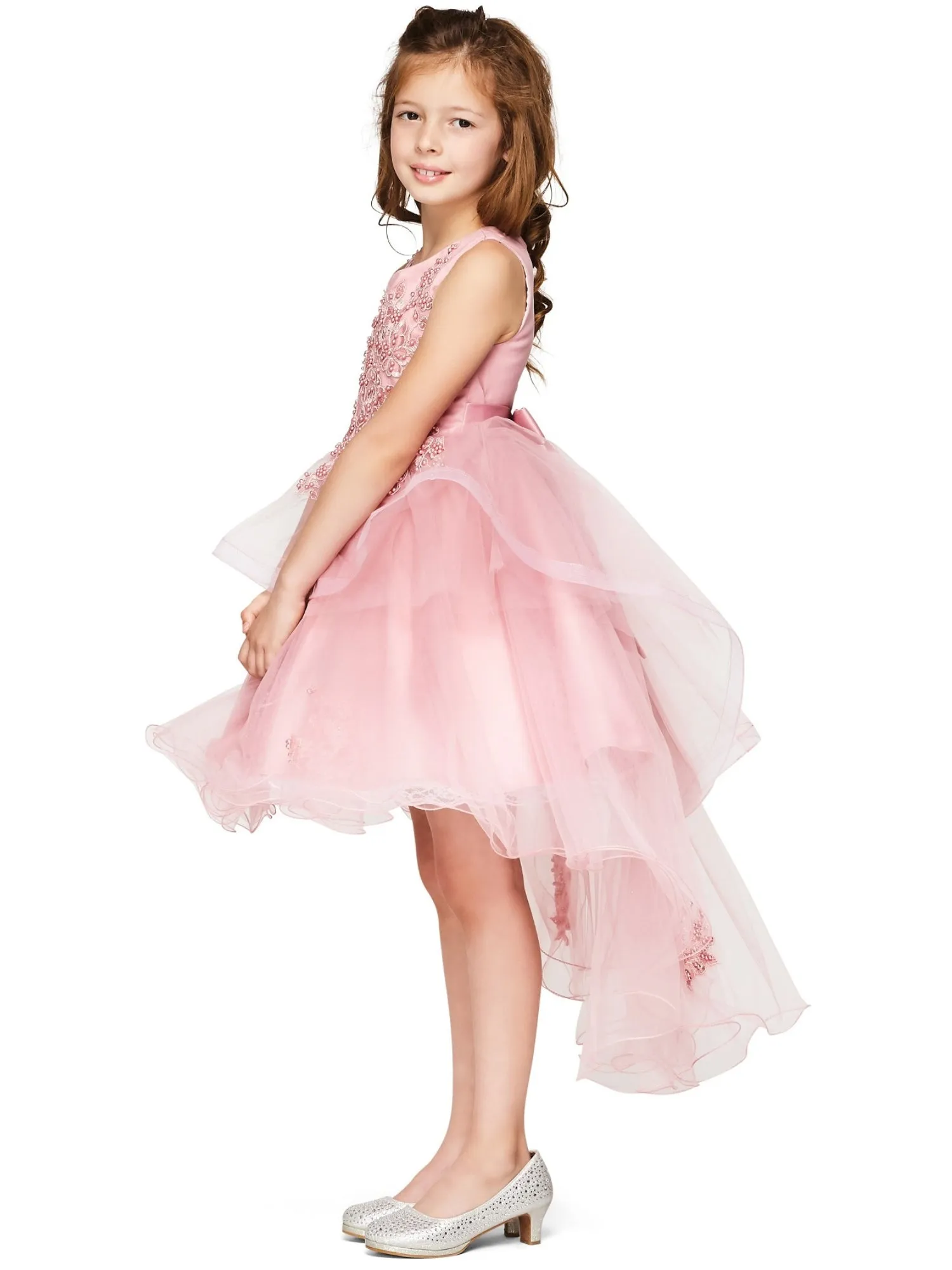Girls Lace Applique High Low Bridesmaid Dress 12