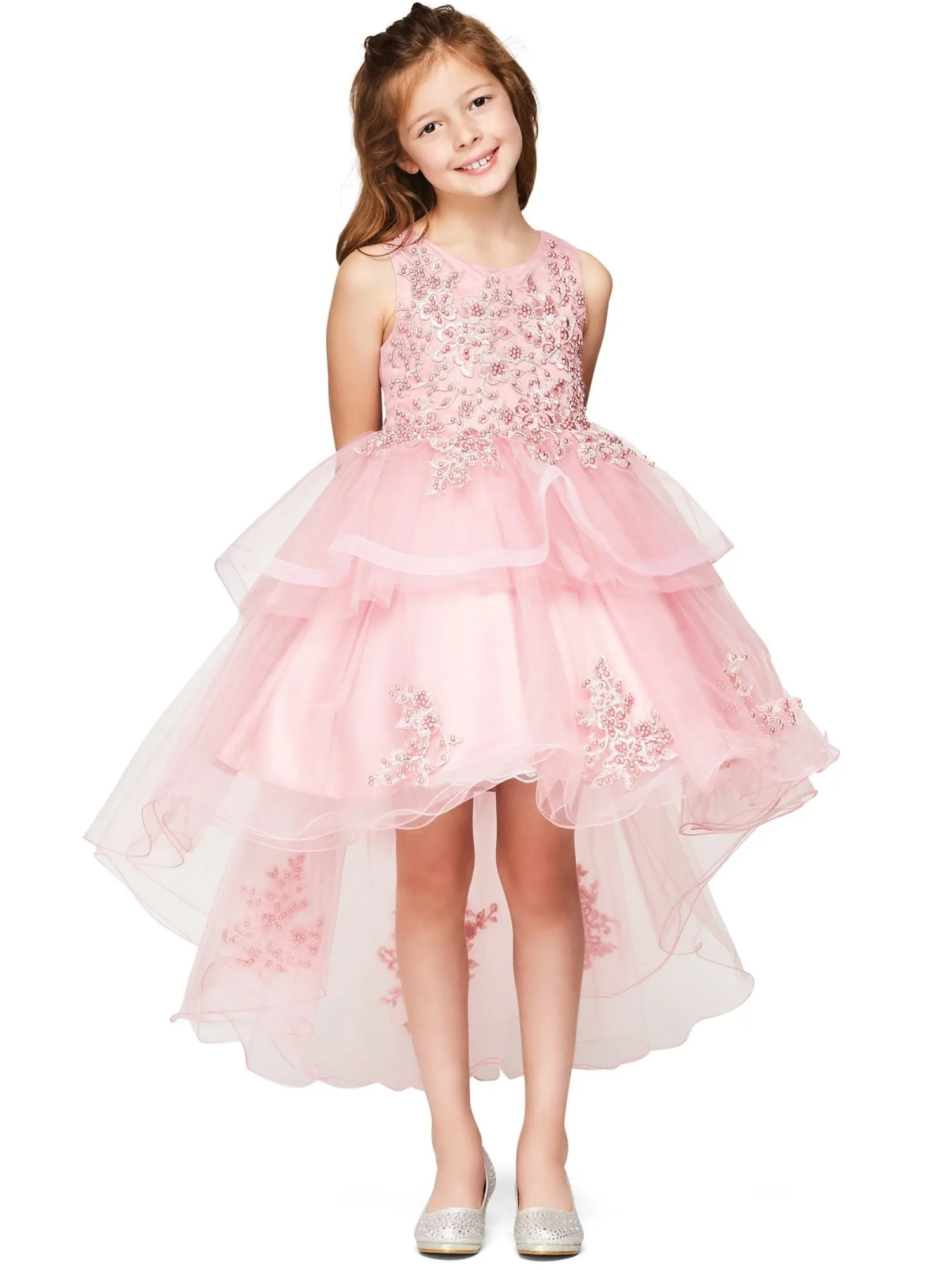 Girls Lace Applique High Low Bridesmaid Dress 12