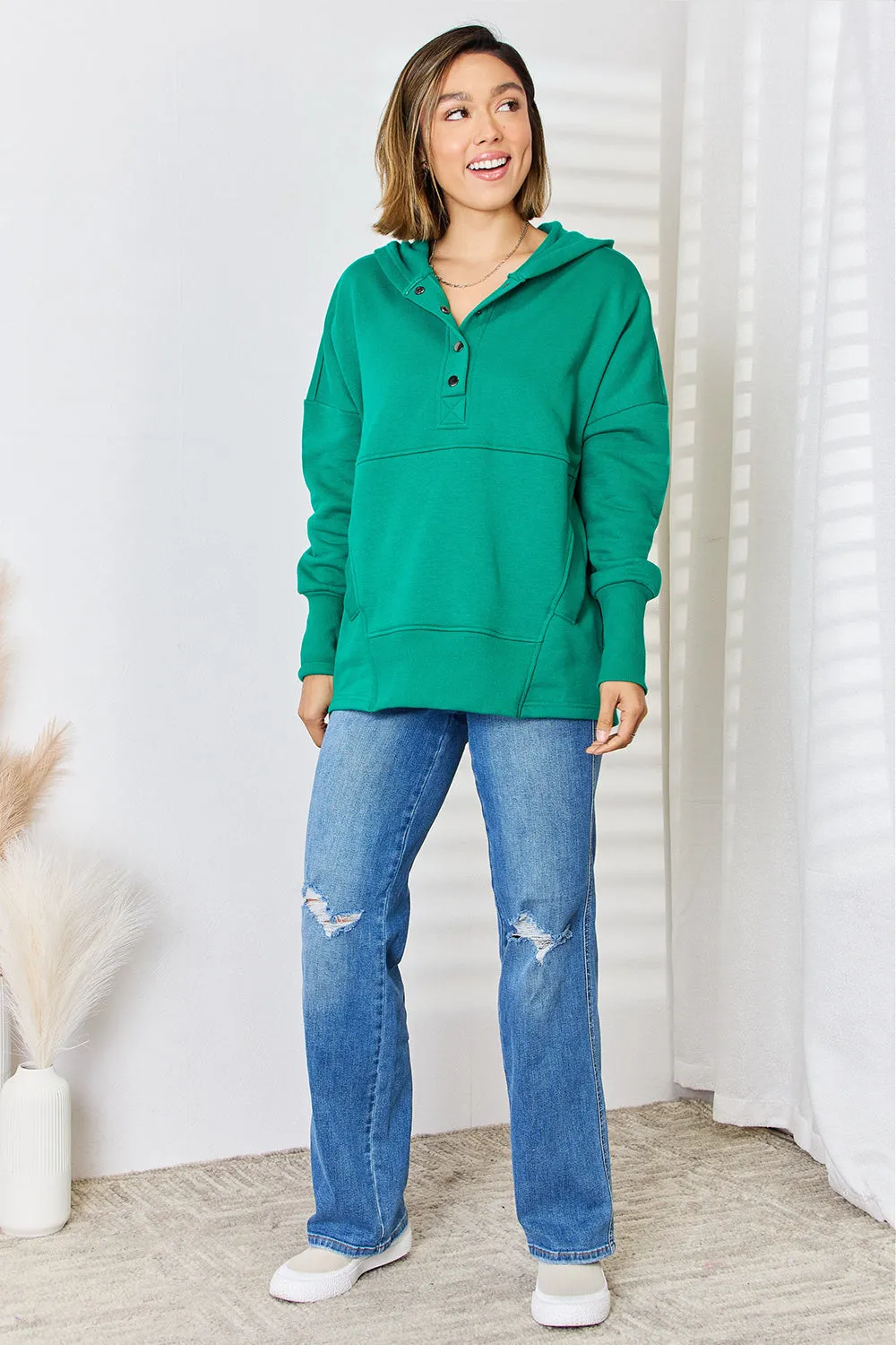 Half Button Fleece Hooded Pullover