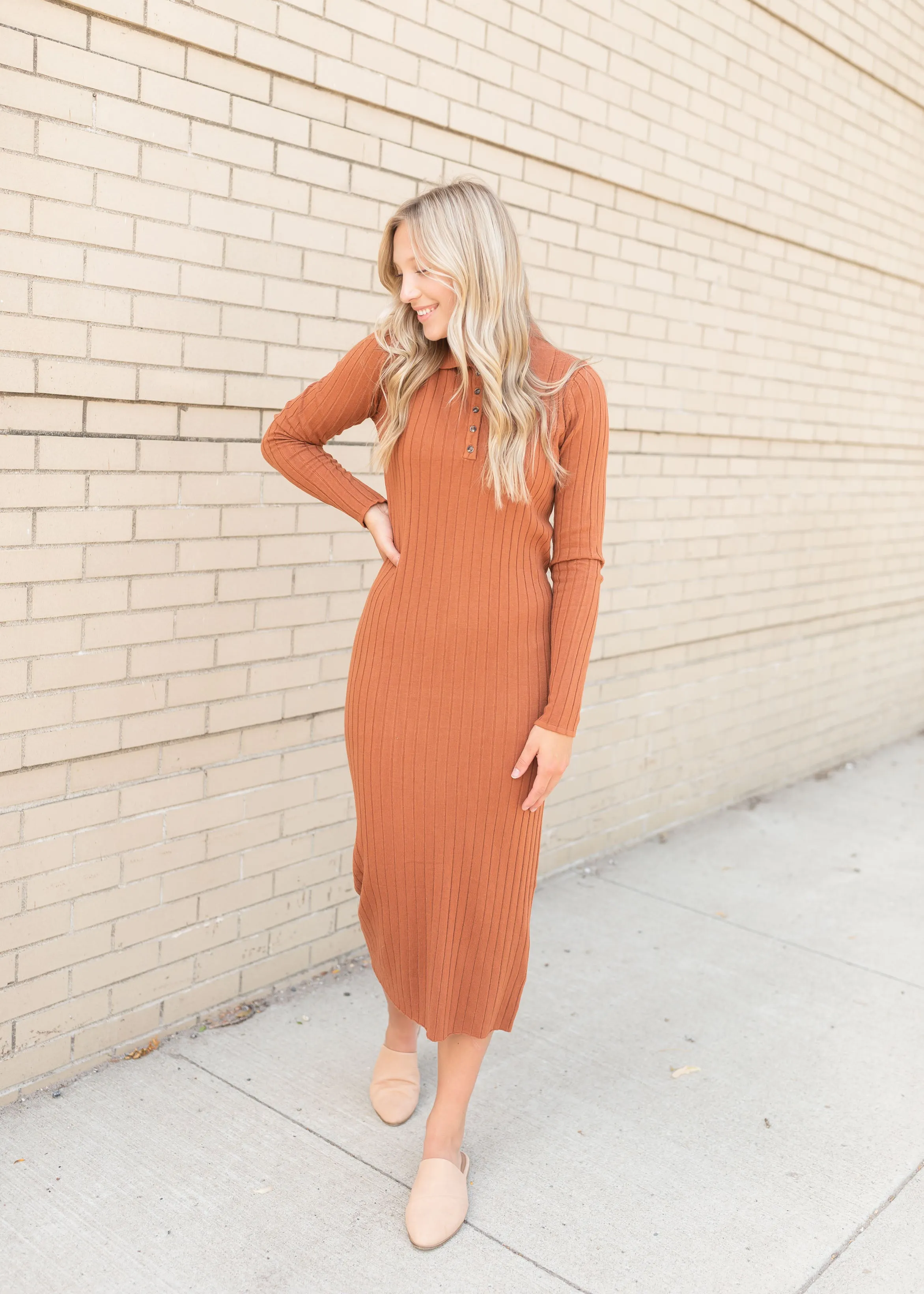 Long Sleeve Collared Rust Ribbed Sweater Dress - FINAL SALE