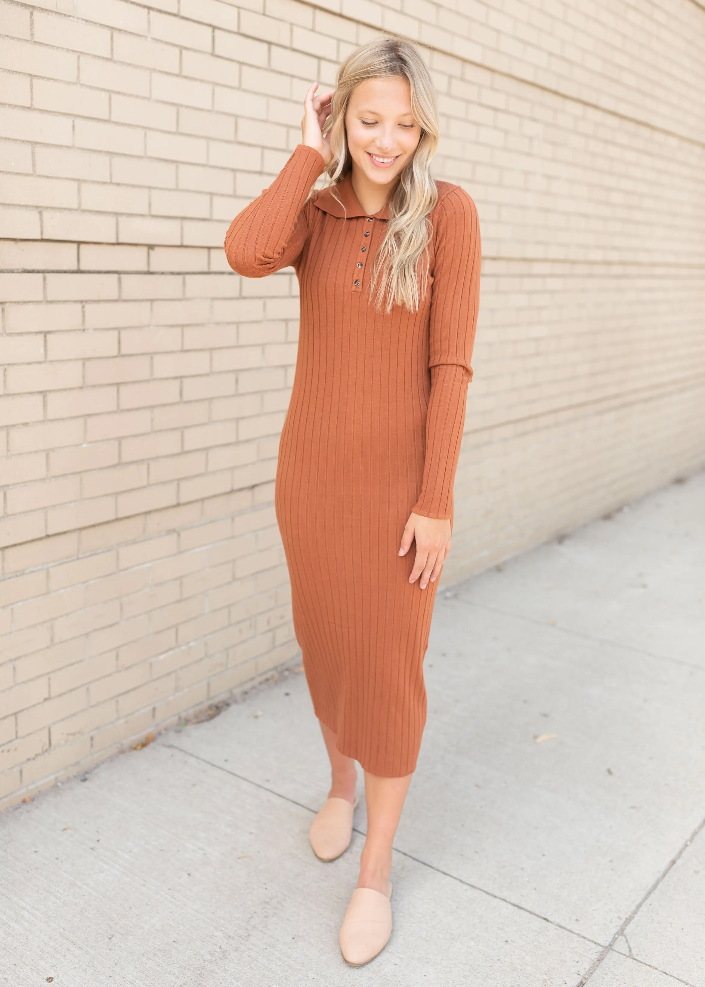 Long Sleeve Collared Rust Ribbed Sweater Dress - FINAL SALE