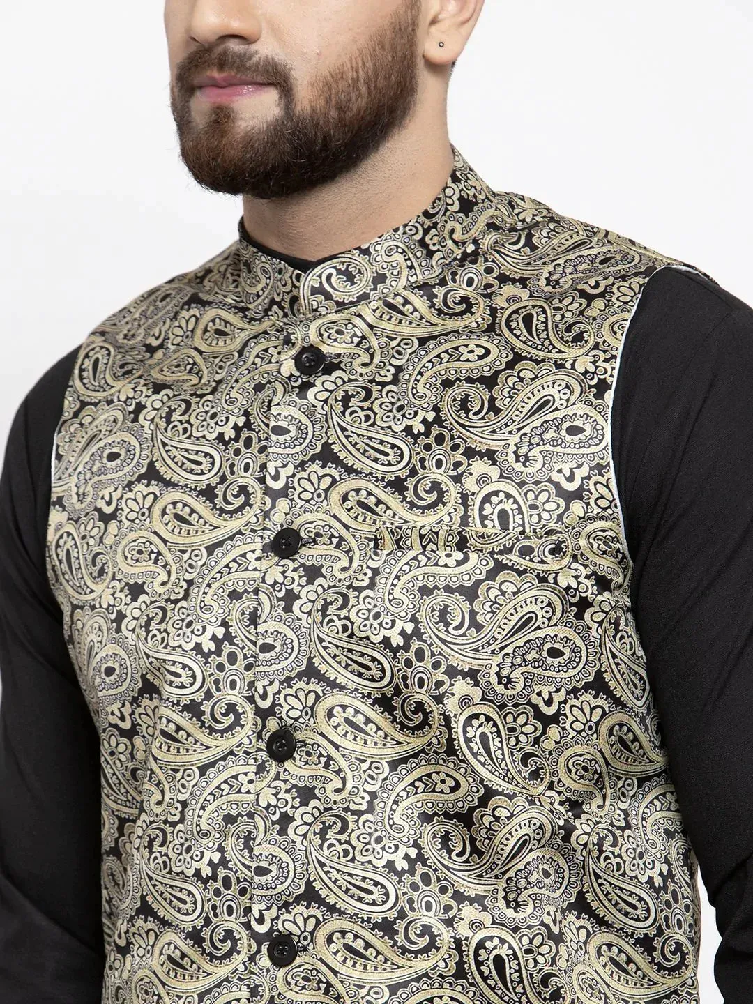 Men Golden Printed Satin Nehru Jacket