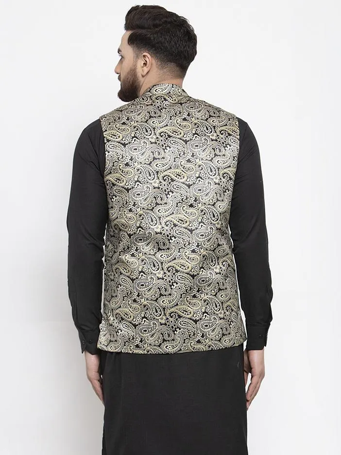 Men Golden Printed Satin Nehru Jacket