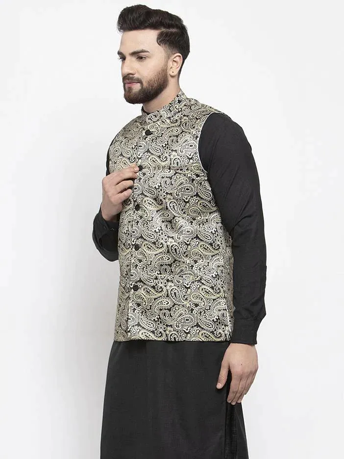 Men Golden Printed Satin Nehru Jacket