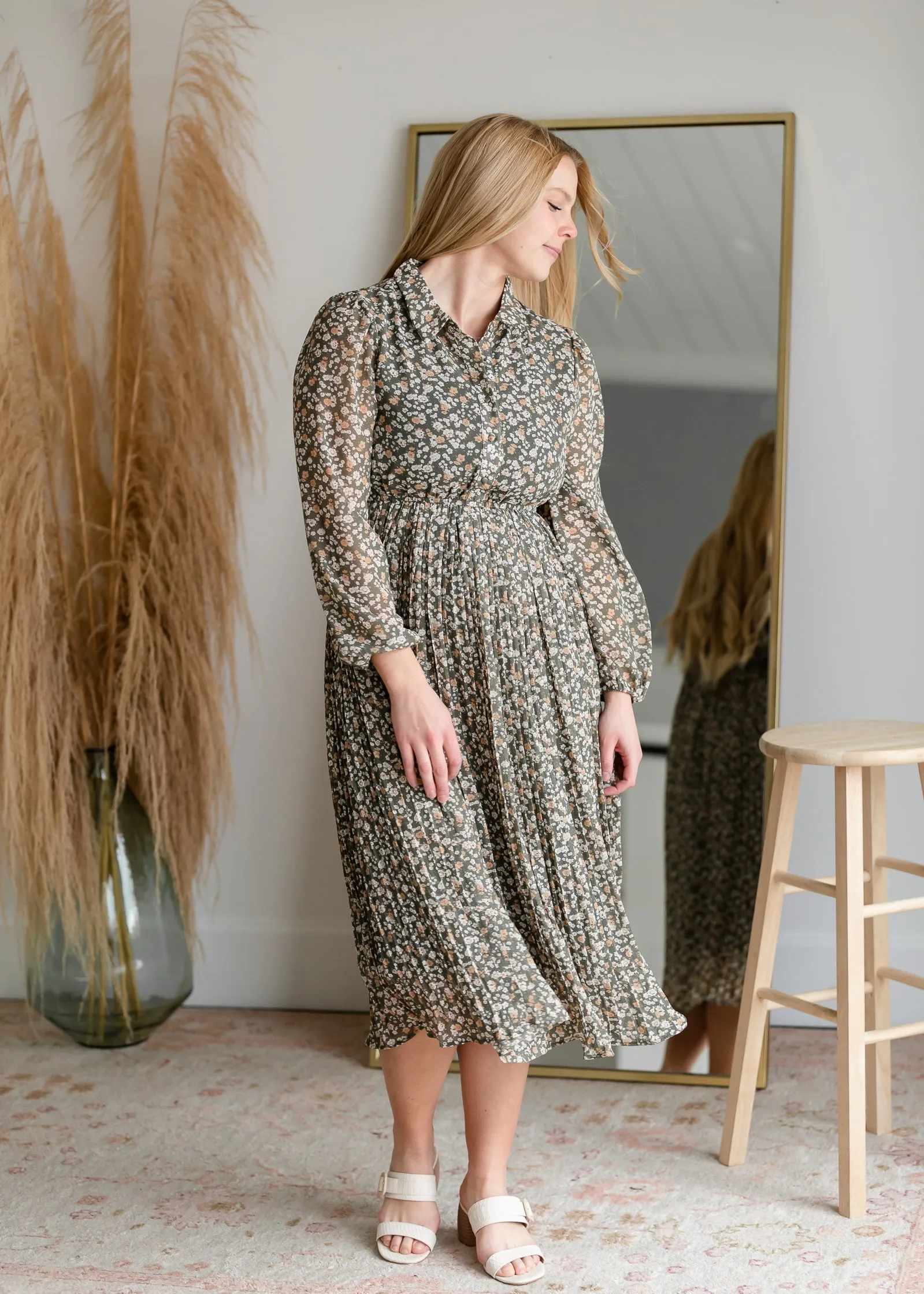 Pleated Midi Dress With Balloon Sleeves - FINAL SALE