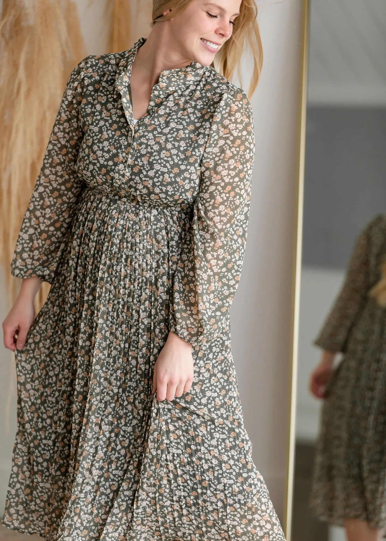 Pleated Midi Dress With Balloon Sleeves - FINAL SALE