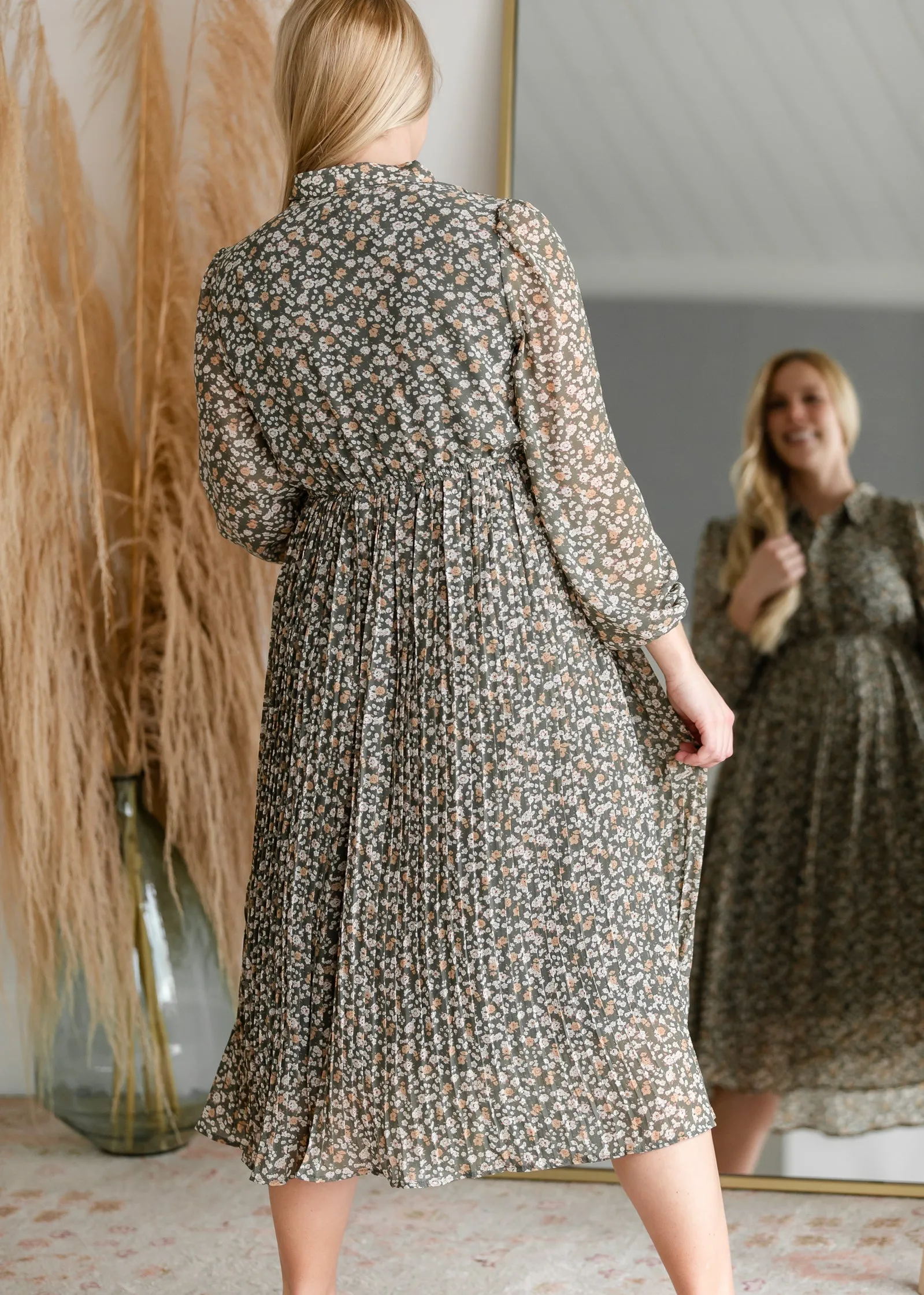Pleated Midi Dress With Balloon Sleeves - FINAL SALE