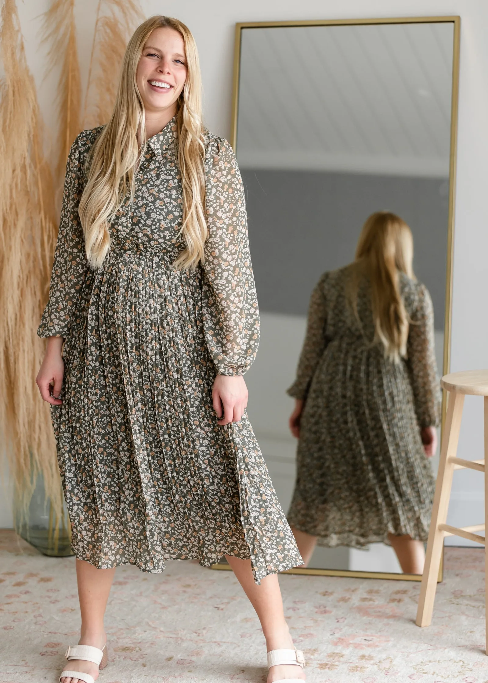 Pleated Midi Dress With Balloon Sleeves - FINAL SALE