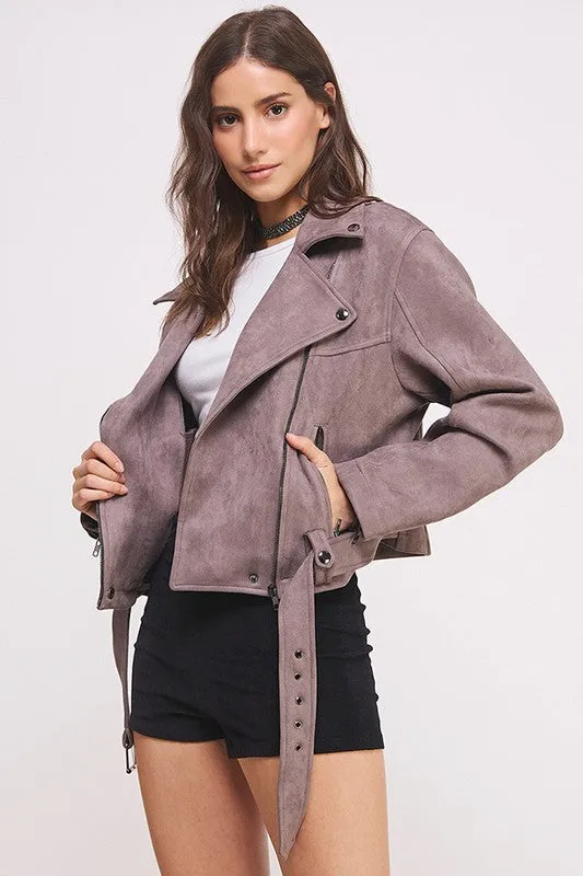 Plus Belted Long Sleee Zippered Suede Moto Jacket