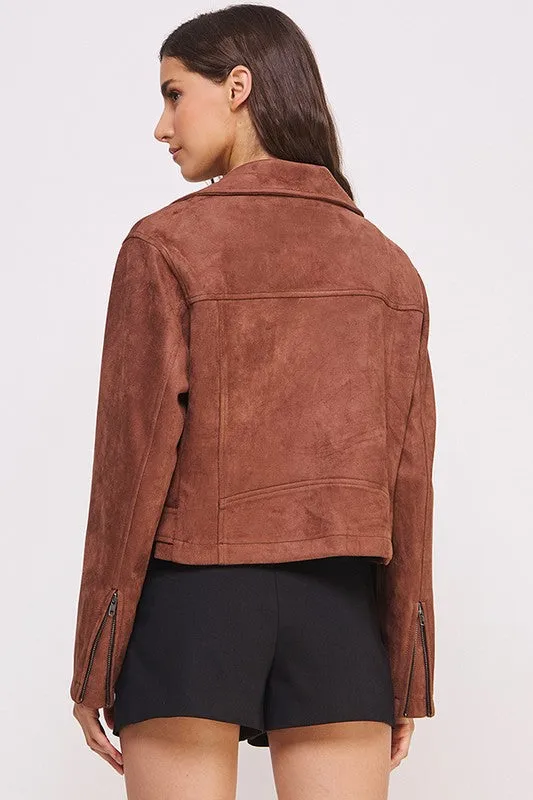 Plus Belted Long Sleee Zippered Suede Moto Jacket
