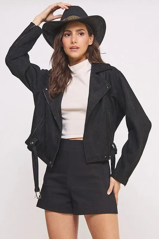 Plus Belted Long Sleee Zippered Suede Moto Jacket