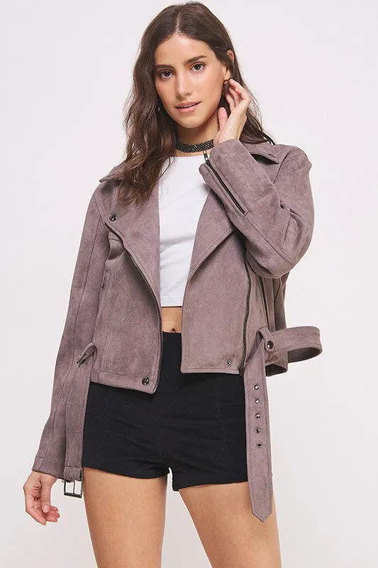 Plus Belted Long Sleee Zippered Suede Moto Jacket