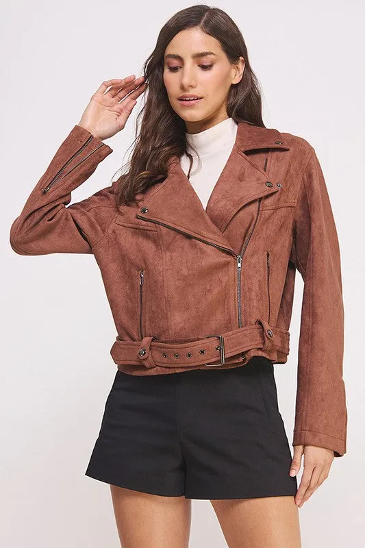 Plus Belted Long Sleee Zippered Suede Moto Jacket
