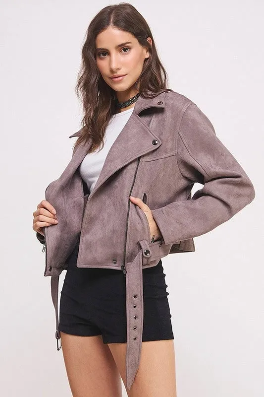 Plus Belted Long Sleee Zippered Suede Moto Jacket