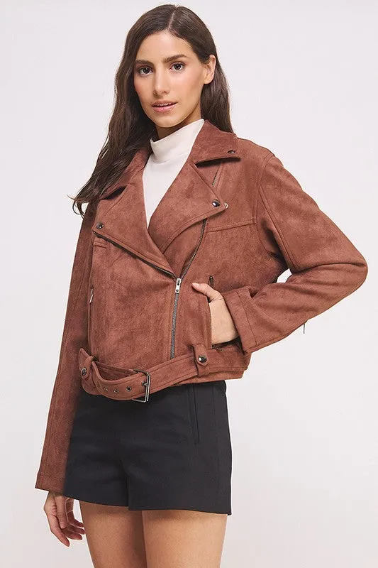 Plus Belted Long Sleee Zippered Suede Moto Jacket