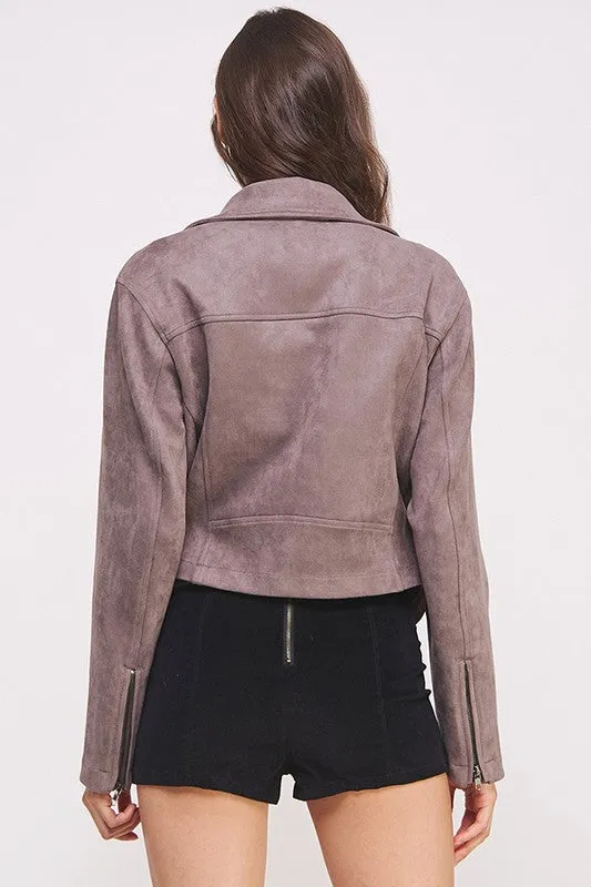 Plus Belted Long Sleee Zippered Suede Moto Jacket