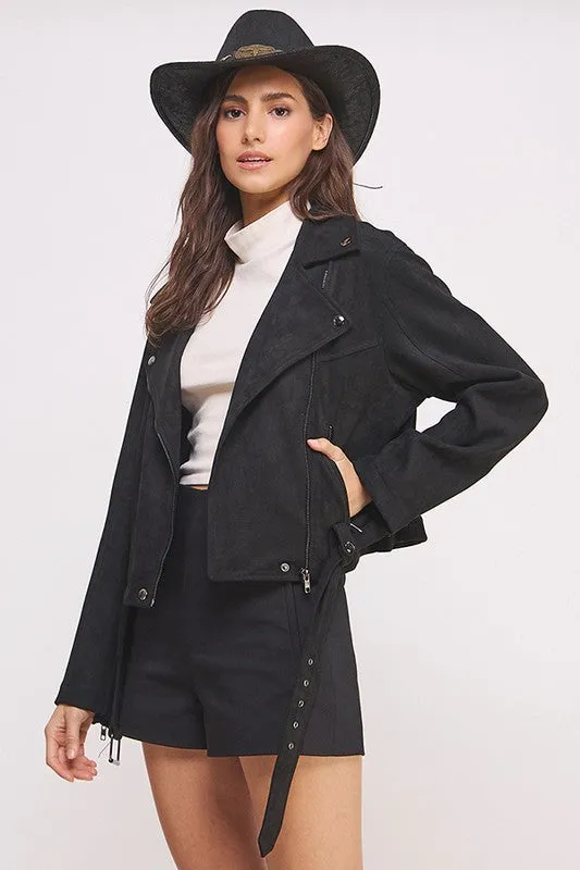 Plus Belted Long Sleee Zippered Suede Moto Jacket