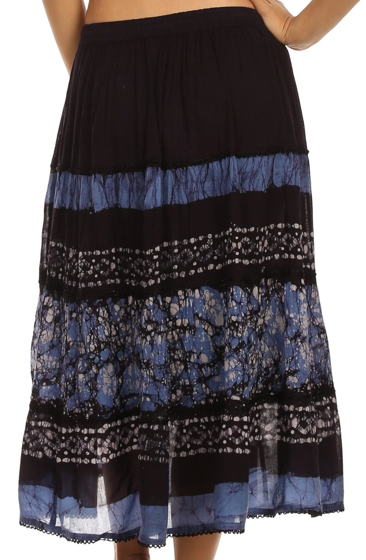 Sakkas Layla Adjustable Waist Batik Tiered Mid-length Skirt