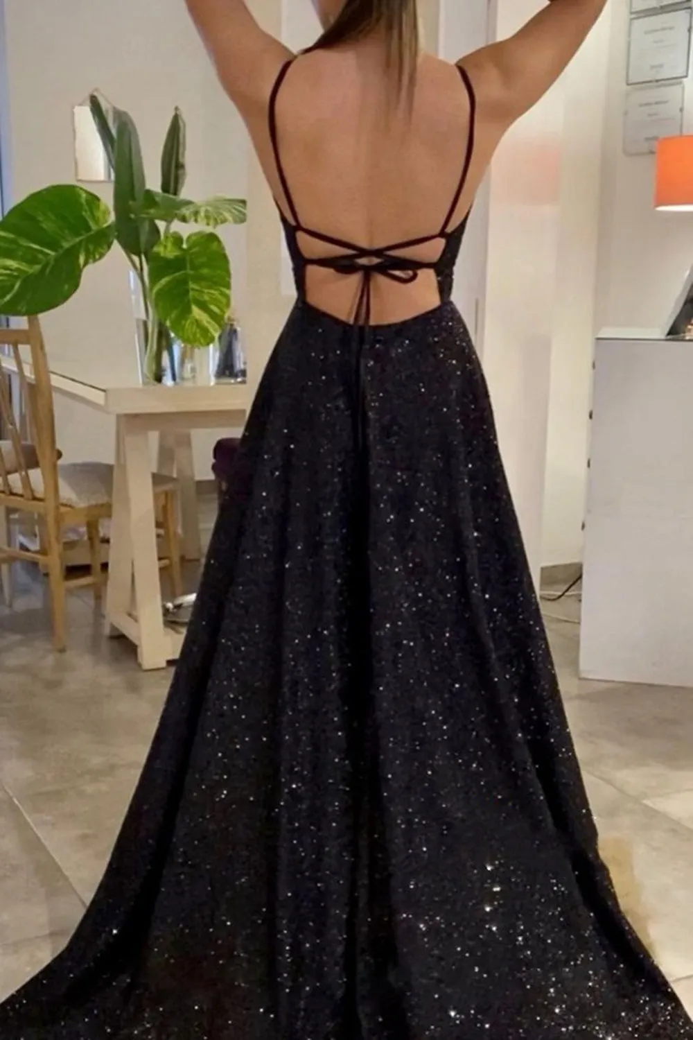 Shiny V Neck Backless Black Long Prom Dress, V Neck Black Formal Dress, Sparkly Black Evening Dress A1333