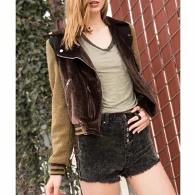 Velvet Sherpa Contrast Biker Jacket Brown