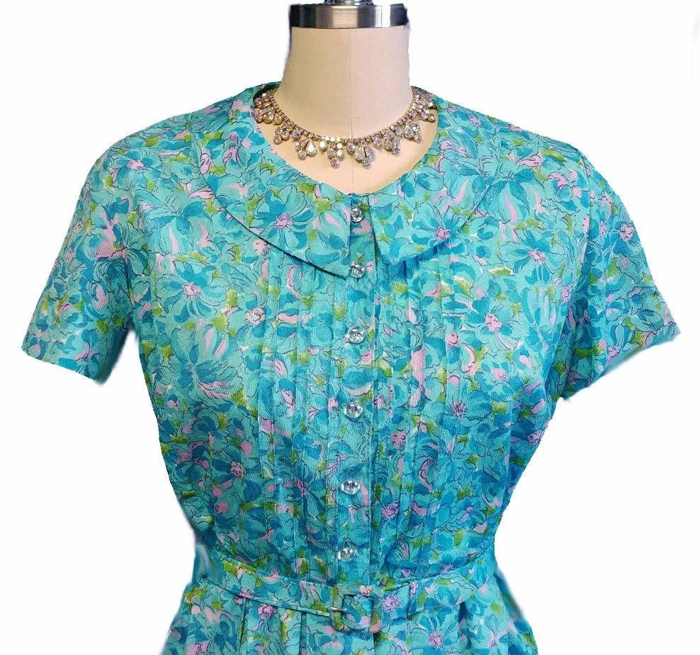 VINTAGE AQUA & PINK FLORAL PETER PAN COLLAR SPRING/SUMMER DRESS WITH MATCHING BELT