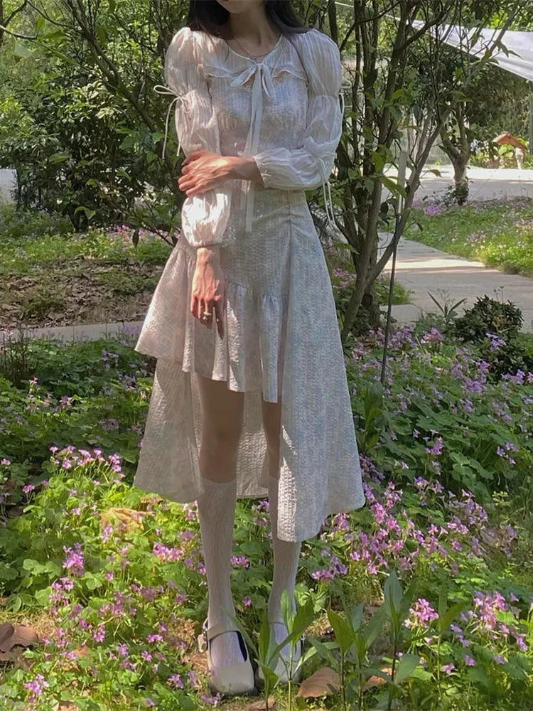 White Kawaii Fairy Slip Dress Women Korean Style Design Sweet Slim Asymmetrical Dresses Party Vintage Summer Kpop