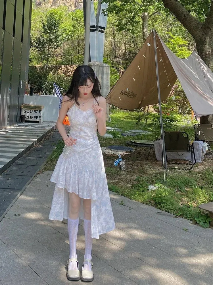 White Kawaii Fairy Slip Dress Women Korean Style Design Sweet Slim Asymmetrical Dresses Party Vintage Summer Kpop