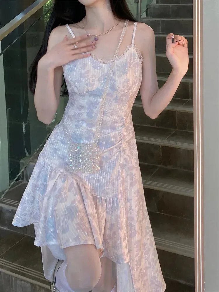 White Kawaii Fairy Slip Dress Women Korean Style Design Sweet Slim Asymmetrical Dresses Party Vintage Summer Kpop