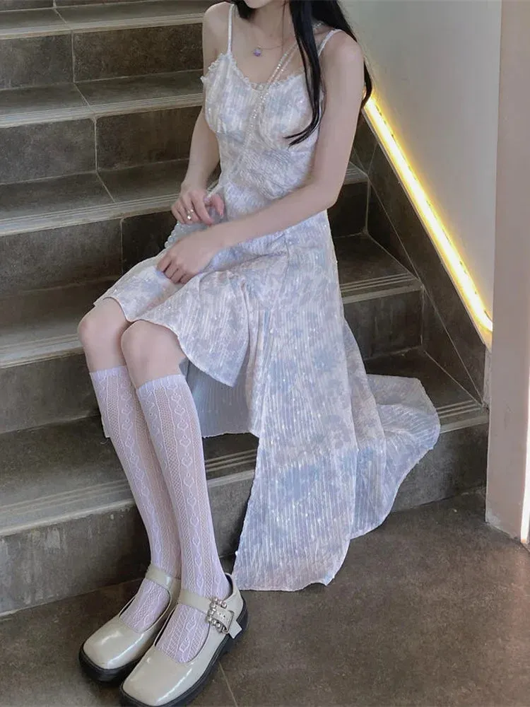 White Kawaii Fairy Slip Dress Women Korean Style Design Sweet Slim Asymmetrical Dresses Party Vintage Summer Kpop