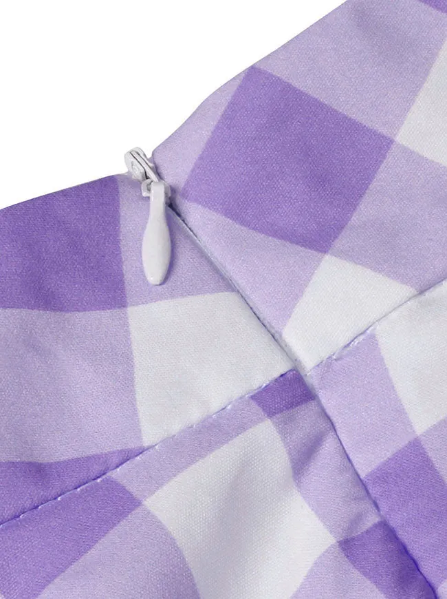 Women's Fashion Vintage Cotton Plaid High Waist Ruffle Swing Midi Skirt Purple Skirt