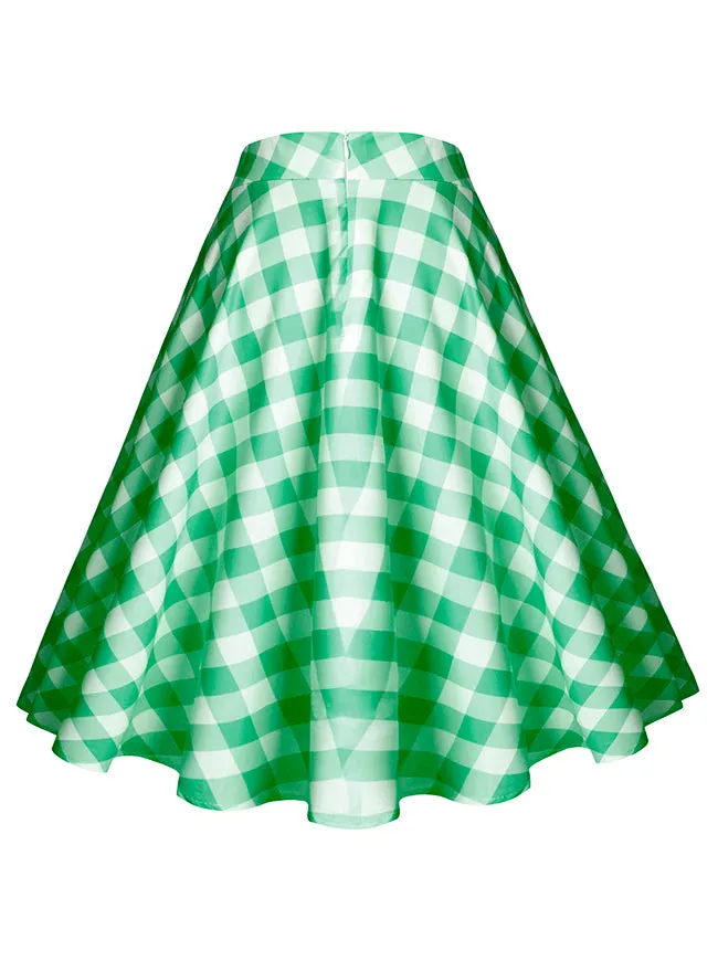 Women's Fashion Vintage Cotton Plaid Ruffle High Waist Swing Midi Skirt Green Skirt
