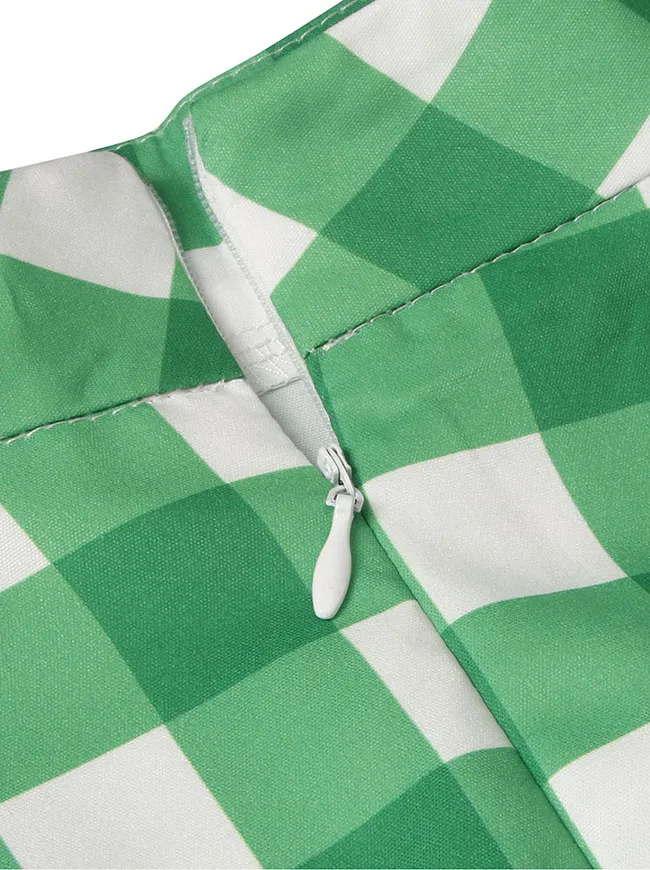 Women's Fashion Vintage Cotton Plaid Ruffle High Waist Swing Midi Skirt Green Skirt