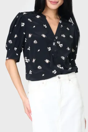 Woven Henley Blouse with Puff Sleeve