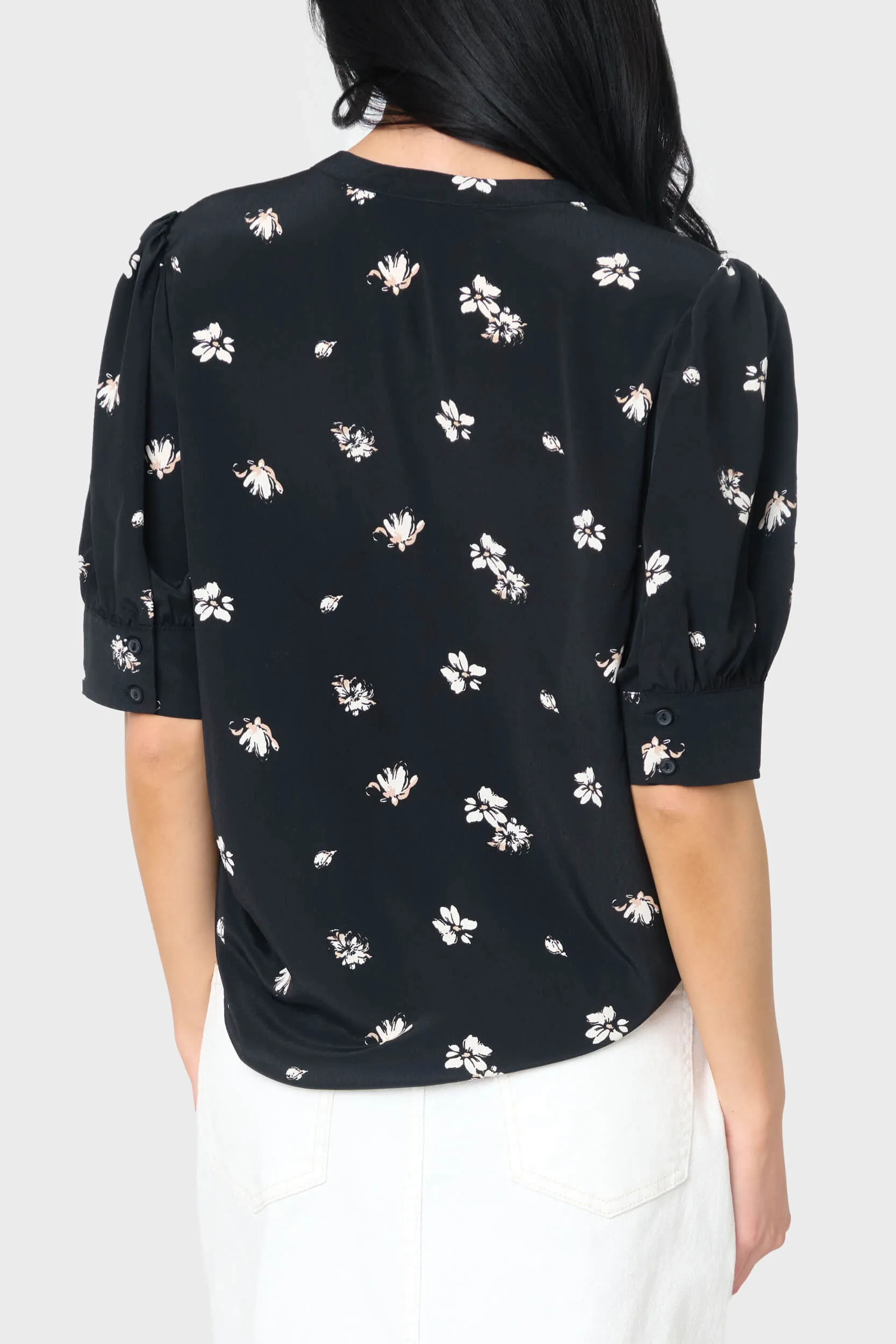Woven Henley Blouse with Puff Sleeve